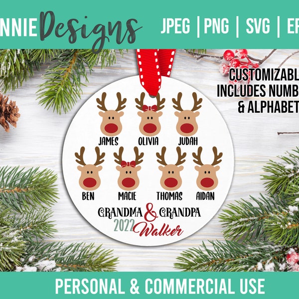 Personnalisable Petit-enfants Ornement de Noël SVG Fichier coupé de renne pour faire un souvenir pour le cadeau des grands-parents personnaliser les noms des petits-enfants