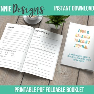 Puede incluir: Folleto de seguimiento de alimentos y comportamiento imprimible. El diario está diseñado para ayudar a rastrear posibles correlaciones entre la comida y el comportamiento. La portada es azul, naranja y amarilla. Las páginas interiores son en blanco y negro.