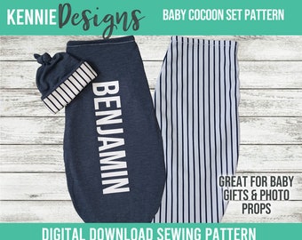 Baby Swaddle Cocoon and top knot hat sewing pattern for newborns photo prop Sewing Instructions with stretchy knit fabric jersey reversible