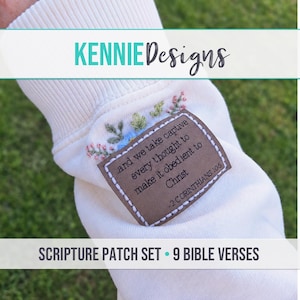 Scripture Sew-On Patch Set (9 Different Bible Verses), Faux Leather Labels, Patches for Clothing and more, Faith Inspired Gift