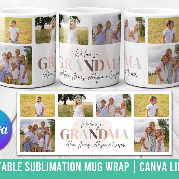 Taza de collage de fotos de la abuela - Plantilla de fotos para sublimación - Regalo personalizado del día de la madre - Enlace Canva editable - Abuela, Nana, Grammy, Oma