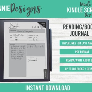 May include: A digital reading journal template for Kindle Scribe devices. The template is displayed on a Kindle Scribe device with a gray background and black text. The template includes sections for book title, author, genre, pages, published date, favorite quotes, and characters. The template also includes a section for a book review. The template is designed to be used for up to 100 books. The template is in PDF format and includes hyperlinks for easy navigation.
