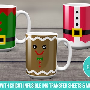 May include: Three white ceramic mugs with Christmas-themed designs. The mugs feature a gingerbread man, Santa Claus, and an elf. The text "3 DESIGNS" is visible in the lower right corner of the image.