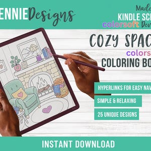 May include: A digital coloring book titled COZY SPACES for Kindle Scribe and colorsoft devices by KENNIE Designs. The screen displays a line art illustration of a living room with a fireplace, armchair, and rug. Includes 25 unique designs.