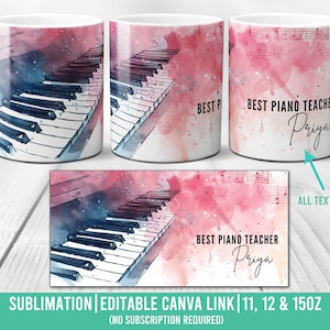 Może przedstawiać: Biały kubek ceramiczny z akwarelowym wzorem klawiatury fortepianu. Na kubku widnieje tekst "BEST PIANO TEACHER Priya". Tekst jest edytowalny.
