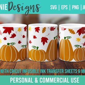 May include: Three white mugs with a fall-themed design. The mugs feature orange pumpkins with green stems and brown leaves in various shades of red, orange, and yellow.