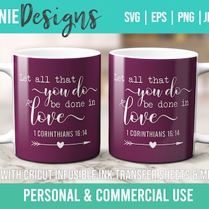 May include: Two white mugs with purple handles and a purple design. The design includes the text "Let all that you do be done in love" with the scripture reference "1 Corinthians 16:14".