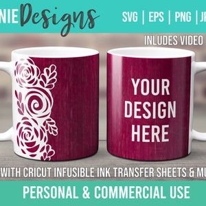 キャベツ ローズ ボーダー マグカップ テンプレート SVG、Cricut マグ プレスで使用するための Infusible Ink シート、花の要素、女性らしい自然、母の日