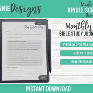May include: A digital screen displaying a printable monthly Bible study journal with a gray background and black text. The journal is designed for Kindle Scribe devices and features hyperlinks for easy navigation, a modern design, and is undated and reusable.