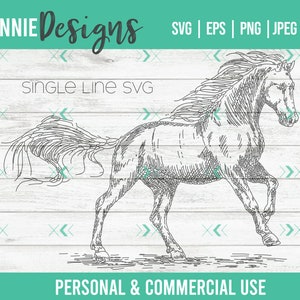May include: Single line drawing of a horse running with its mane flowing in the wind. The image is in black and white and has a woodgrain background. The text "KENNIE Designs" and "SINGLE LINE SVG" are at the top of the image. The text "PERSONAL & COMMERCIAL USE" is at the bottom of the image.