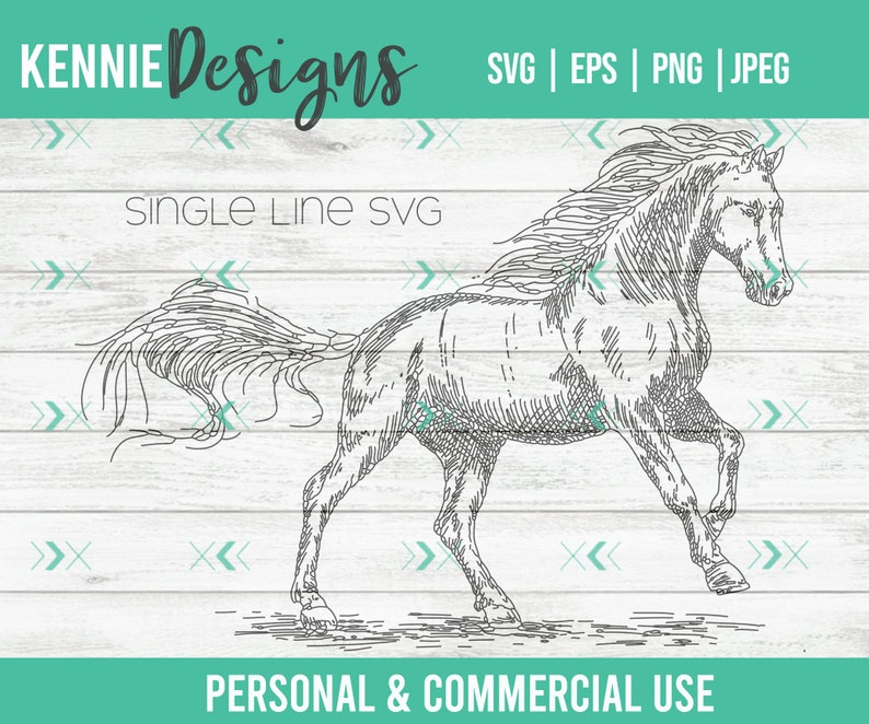 May include: Single line drawing of a horse running with its mane flowing in the wind. The image is in black and white and has a woodgrain background. The text "KENNIE Designs" and "SINGLE LINE SVG" are at the top of the image. The text "PERSONAL & COMMERCIAL USE" is at the bottom of the image.