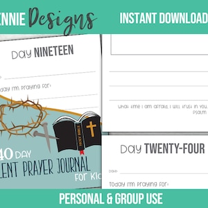 Puede incluir: Un diario de oración de Cuaresma de 40 días imprimible para niños. El diario presenta un fondo azul y verde con una corona de espinas, clavos y una Biblia cerrada con una cruz en la portada. El texto "40 Day Lent Prayer Journal for Kids" está impreso en blanco y negro.