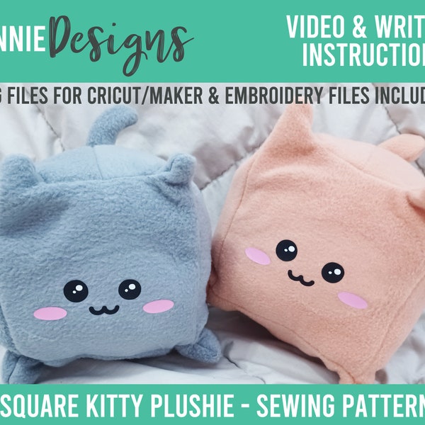 Square cube Kitty Plush Sewing Pattern, Kawaii Stuffie, Written and Video instructions, stuffed animal, Cute plushie, DIY toy cat, Squish