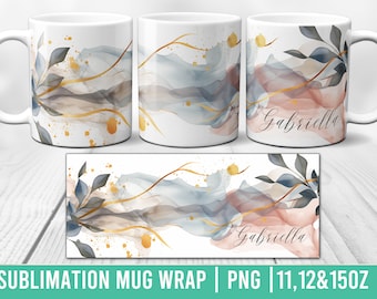 Elegante design per tazza con stampa a sublimazione ad acquerello astratto, nome personalizzato modificabile in Canva, tazza personalizzata in formato PNG, download digitale