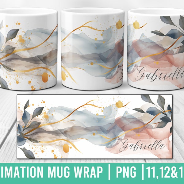 Elegant Abstract Watercolor Sublimation Mug Wrap Design, Personalized Name Editable in Canva, Custom Mug PNG, Digital Download