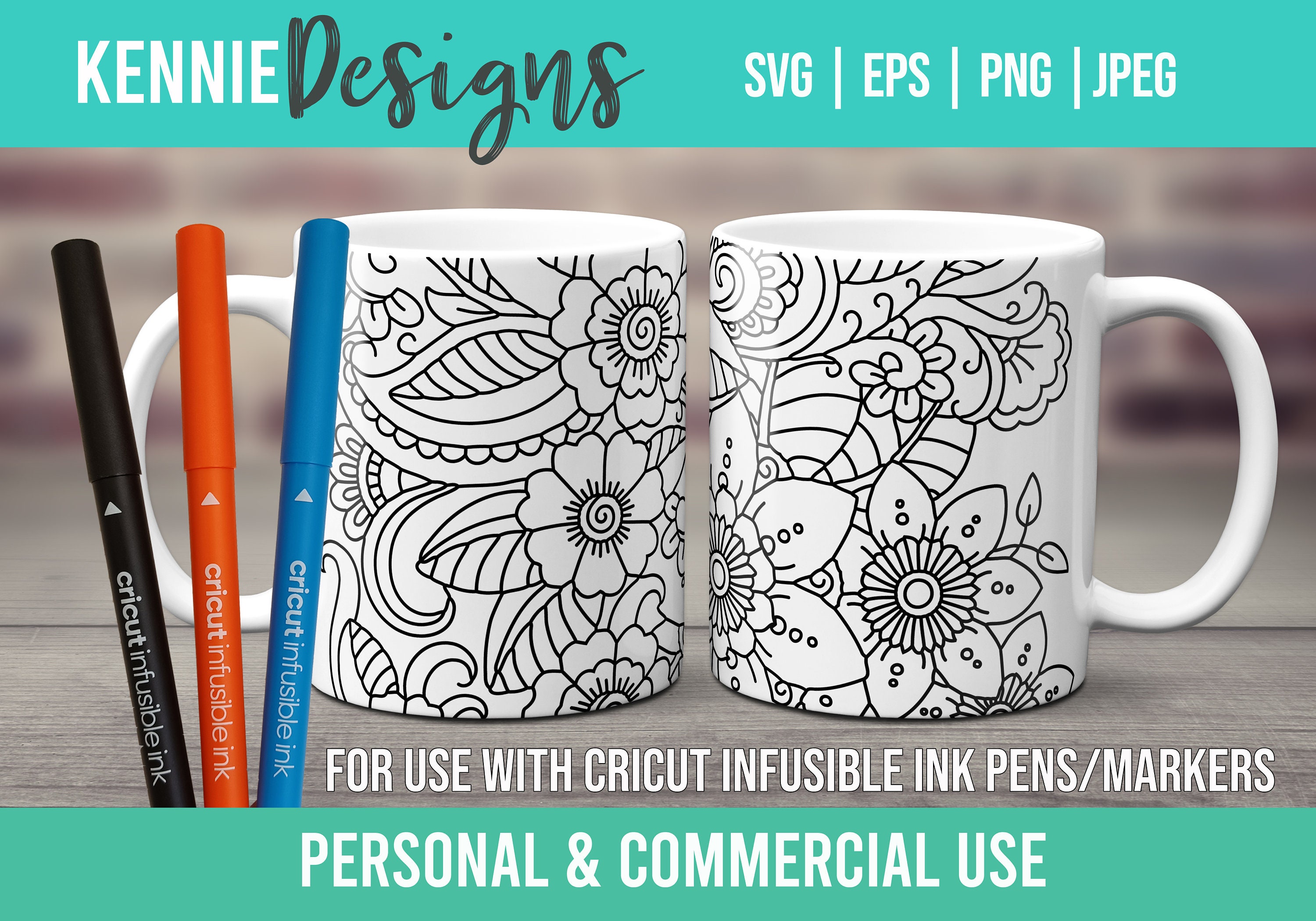 Floral Drawing Coloring Single Line Drawing Infusible Ink Pen and Marker  SVG Mug Wrap Template for Use With Cricut Mug Press Flowers 