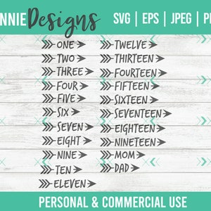 May include: A set of black and white SVG cut files for personal and commercial use. The files include the numbers one through twelve, thirteen through nineteen, mom and dad. The numbers are written with arrows pointing in both directions.