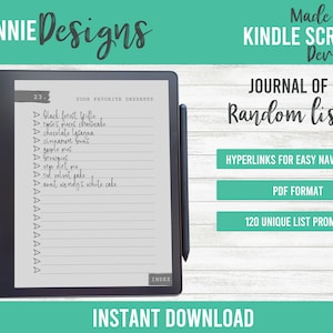 Puede incluir: Un diario digital para dispositivos Kindle Scribe con el título "Journal of Random Lists". El diario presenta 120 indicaciones de lista únicas e hipervínculos para una fácil navegación. El diario está en formato PDF.