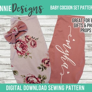 May include: A digital sewing pattern for a baby cocoon set. The set includes a cocoon with a floral print and a matching headband. The cocoon is pink with white text that says "dream".