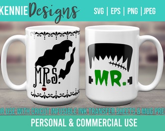 Halloween Couple Mug template SVG for Infusible Ink Sheets for use with Cricut Mug Press Frankenstein and Bride of Frankenstein Wedding