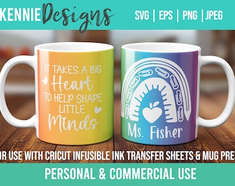 Plantilla de envoltura de taza de maestro SVG para hojas de tinta infusible para usar con Cricut Mug Press con arco iris DIY maestro regalo cita gran corazón personalizado