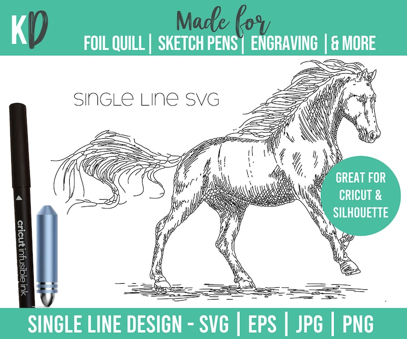 May include: Single line drawing of a horse running. The image is labeled "Single Line SVG" and "Great for Cricut & Silhouette".
