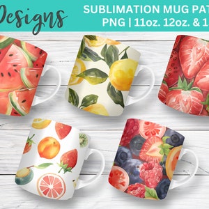 Fruit patroon sublimatie mok wrap ontwerpen - PNG voor 11, 12 & 15oz - aquarel watermeloen, citroenen, aardbeien