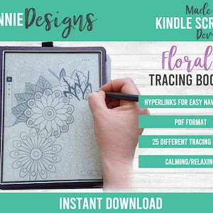 Tracing Doodle Fancy Flowers pages for Kindle Scribe, navigation hyperlinks, PDF template stylus, satisfying floral designs for drawing