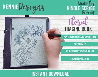 Tracing Doodle Fancy Flowers pages for Kindle Scribe, navigation hyperlinks, PDF template stylus, satisfying floral designs for drawing