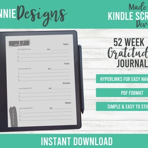 May include: A digital planner for a Kindle Scribe device. The planner is a 52-week gratitude journal with hyperlinks for easy navigation. The journal is in PDF format and is simple and easy to stick to.