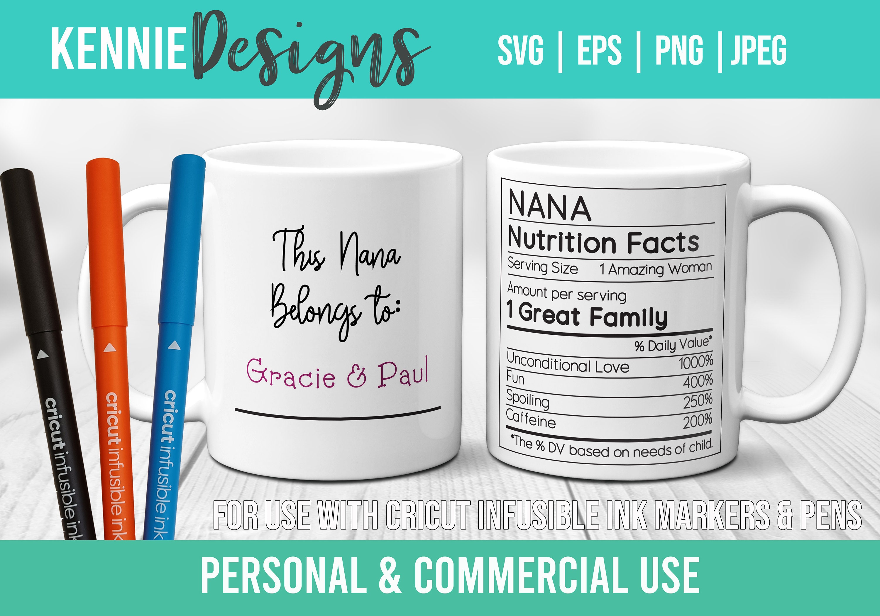 Nana Nutrition Facts Infusible Ink Pen and Marker SVG Mug Wrap Template 11 to 15 oz. Drawing Trendy Outline Personalize Custom Easy Nanny