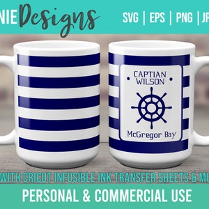 May include: Two white mugs with blue stripes. One mug has a design with a nautical wheel, the text "CAPTIAN WILSON", and "McGregor Bay".