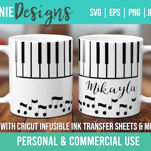 Pianotoetsenbord met muzieknoten Mok wrap SVG sjabloon voor Infusible Ink Sheets voor gebruik met Cricut Mug Press Music Teacher pianist student