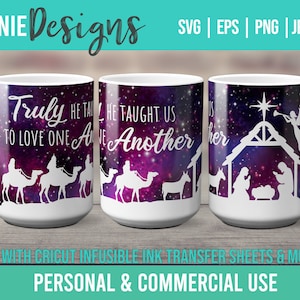 Nativity Christmas Mug template SVG per fogli d'inchiostro infusibili per uso Cricut Mug Press Christian Bethlehem O Holy Night Carol Song Bible