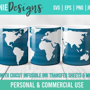 Weltkarte Geografie ReiseBecher Wrap SVG Vorlage für Infusible Tintenblätter für die Verwendung mit Cricut Mug Press auf der Suche nach Weltreisenden altas