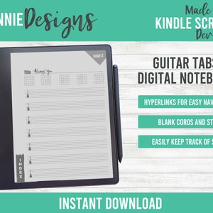 May include: A digital notebook for guitar tabs on a Kindle Scribe device. The notebook has a title page with the words "Always You" and a blank page with guitar tab staff lines. The notebook features hyperlinks for easy navigation, blank chords and staff, and the ability to easily keep track of songs.