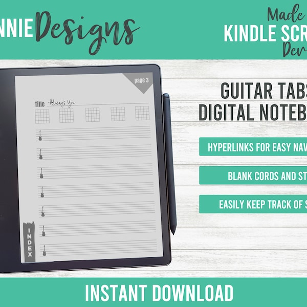 Guitar tablature notebook for Kindle Scribe digital tabs, easy navigation through hyperlinks, PDF template simple design reusable