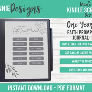 Christian Faith Based Prompt Journal for Kindle Scribe One Year, 365 days navigation hyperlinks, PDF template, Bible Journaling