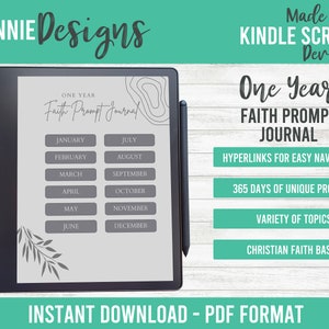 May include: A digital image on a Kindle Scribe device showing a one-year faith prompt journal with hyperlinks for easy navigation. The journal includes 365 days of unique prompts, a variety of topics, and is Christian faith based.