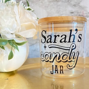 Custom Bamboo Candy Jar, Office Candy Jar, custom candy dish, monogram candy dish, gift for mom, gift for grandparents,desktop candy jar