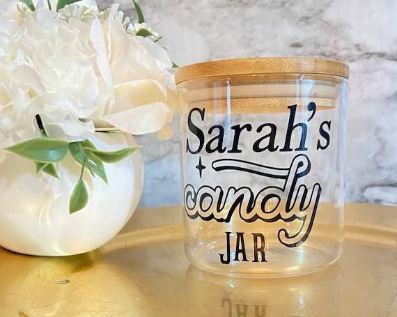 Personalized Glass Candy Jar with Bamboo Lid: Custom Vinyl Decal