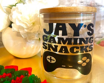 Personalized Gamer Candy Jar: Funny Snack Dish with Bamboo Lid