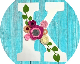 Floral Wooden Letter for wall hanging in Nursery or child's bedroom. Felt flower monogram