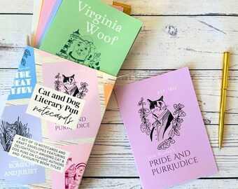 Literary Pun Cat and Dog Notecards and Envelopes - Set of 9 | Book Lover Gift, Gift for Readers, Cat Lover, Dog Lover, Stocking Filler