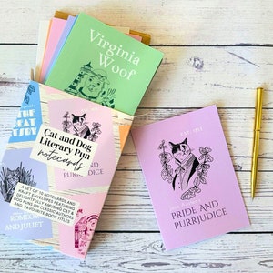 Literary Pun Cat and Dog Notecards and Envelopes - Set of 9 | Book Lover Gift, Gift for Readers, Cat Lover, Dog Lover, Stocking Filler