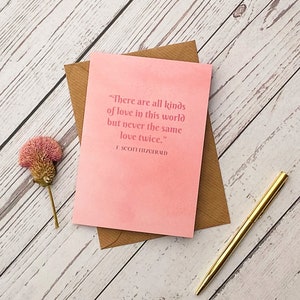 F Scott Fitzgerald '...nunca el mismo amor dos veces' Cita literaria Tarjeta de felicitación / Día de San Valentín, Novia, Novio, Esposa, Esposo
