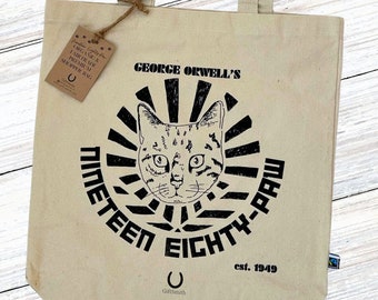 NINETEEN EIGHTY-PAW George Orwell Literary Fairtrade Organic Premium Shopper Tote Bag for Cat Lovers + Book Lovers