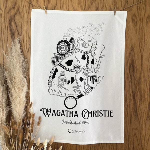 Agatha Christie 'Wagatha Christie' Fairtrade Organic Cotton Tea Towel Dish Cloth for Dog Lovers and Book Lovers