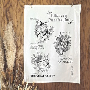 Literary Cats 'Purrfection' Fairtrade Organic Cotton Tea Towel Dish Cloth for Cat Lovers and Book Lovers