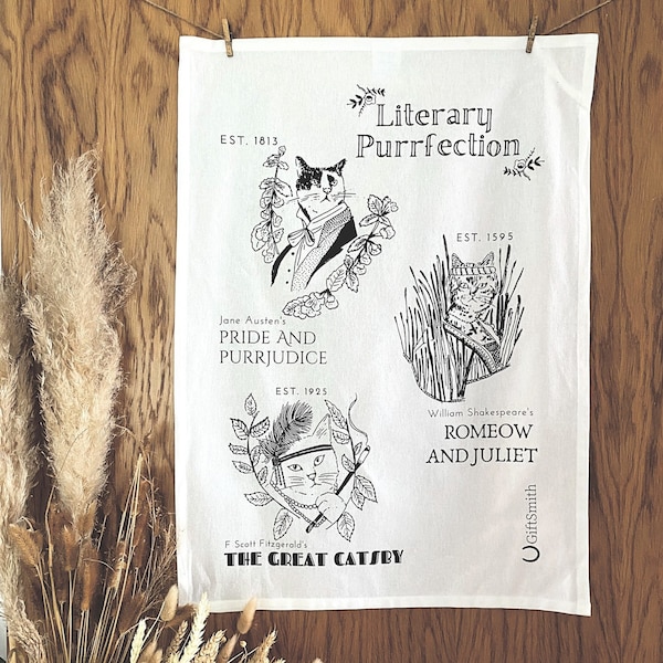 Paño de cocina de algodón orgánico de comercio justo 'Purrfection' de Literary Cats para amantes de los gatos y amantes de los libros